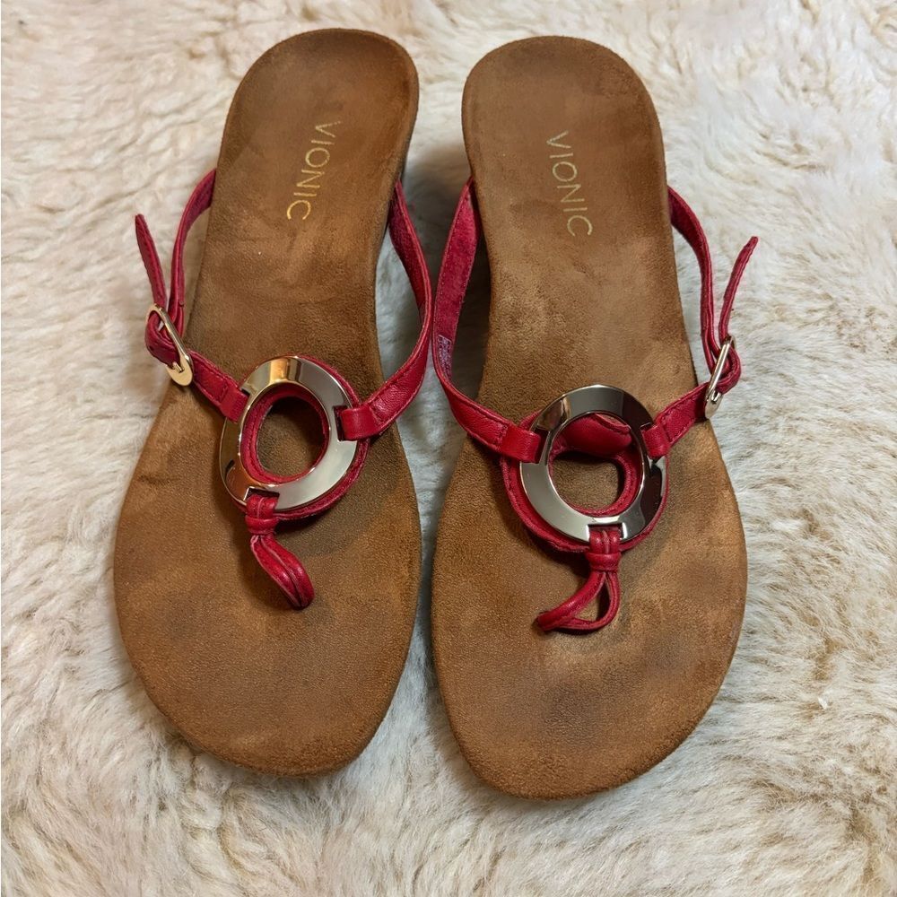 Vionic Red Tan Wedge Sandals with Metallic Accent - Picture 2 of 8